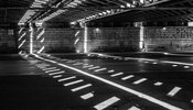 Black and white picture of a car park