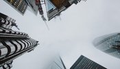 Image looking up at skyscrapers